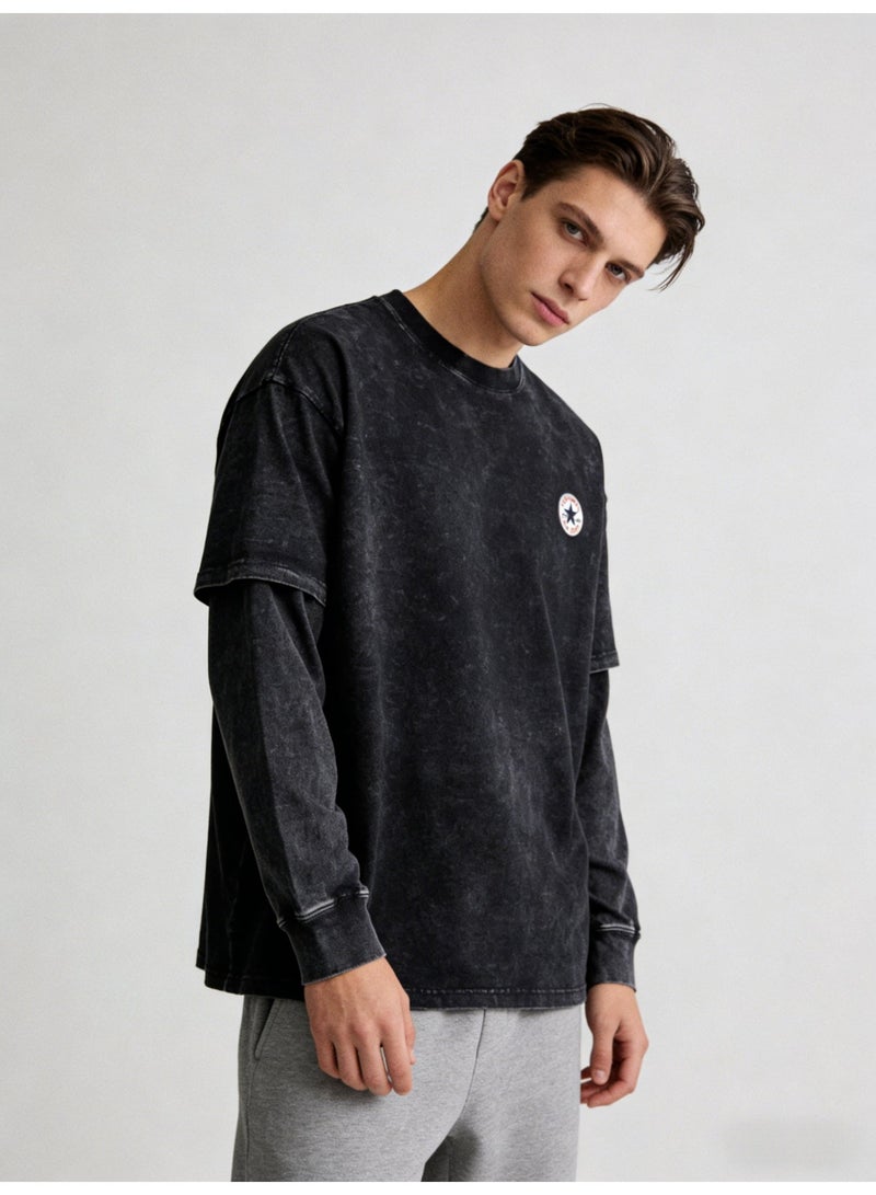 كونفرس Converse Black Acid Wash Double Layer Long Sleeve T-Shirt – Unisex Casual Streetwear - Image 4